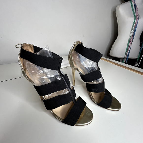 Jimmy Choo Gold Leather and Black Strap Stiletto Heel Peep Toe Sandals 39.5 - Picture 4 of 16